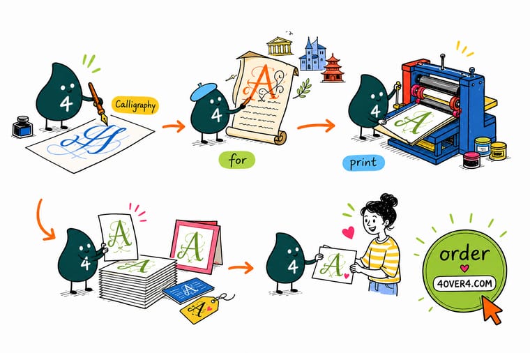 Wally, the 4OVER4 mascot with a 4, holding a broad-edge pen in one hand and a pointed flexible nib in the other, writing the same letter two different ways