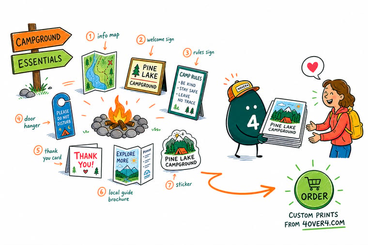 Wally, the 4OVER4 mascot holding a 4, staking a directional yard sign and setting up an A-frame, banner, and brochure as one matching campground set