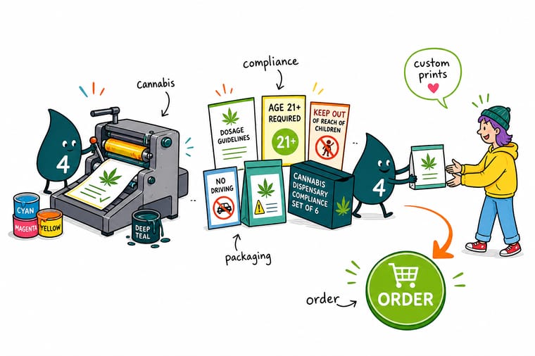 Wally, the 4OVER4 mascot holding a 4, standing at a dispensary counter pointing from a labelled jar to a tamper seal to a child-resistant exit bag to the door notices