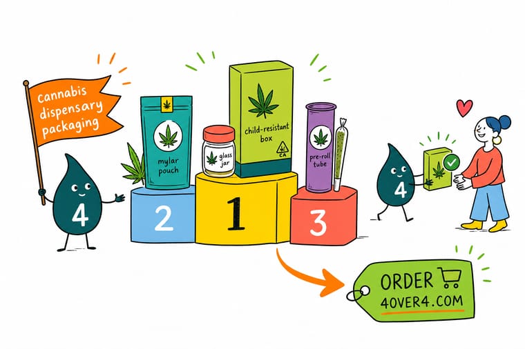 Wally, the 4OVER4 mascot holding a 4, arranging a child-resistant exit bag, a product label, a tamper seal, a kraft box, and a budtender card into one matching cannabis dispensary packaging set
