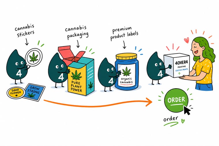 Wally, the 4OVER4 mascot with a 4, holding a seal sticker, a jar with a wrap label and a printed carton, showing how much panel room each one gives