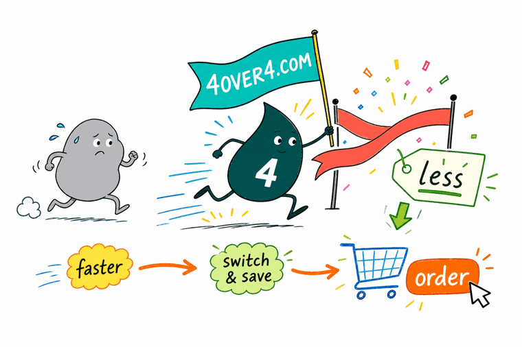 4OVER4 the teal drop mascot races a Canva design off the laptop screen and past Canva to the finish, winning as the professional prints on premium stock