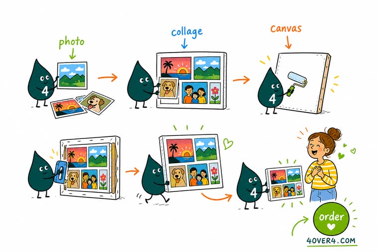 Wally, the 4OVER4 mascot with a 4, arranging photos into a canvas collage grid