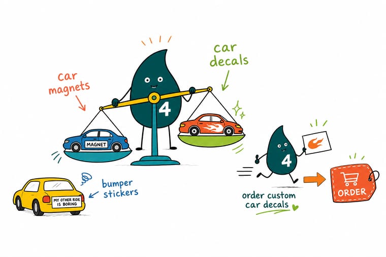 Wally, the 4OVER4 mascot holding a 4, standing between a die-cut car decal, a peel-off car magnet, and a bumper sticker to show that 4OVER4 prints all three