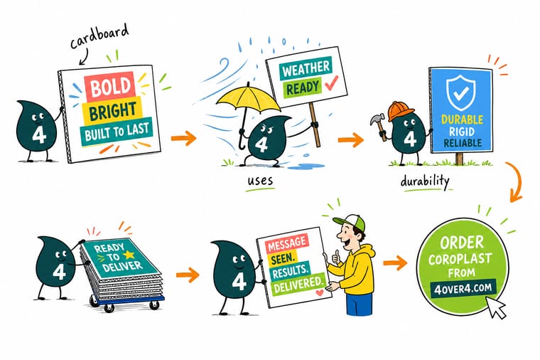 Wally, the 4OVER4 mascot holding a 4, comparing a light cardboard sign indoors with a weatherproof coroplast sign outdoors