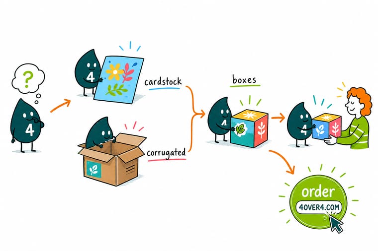 Wally, the 4OVER4 mascot holding a 4, weighing a smooth cardstock folding carton against a fluted corrugated box