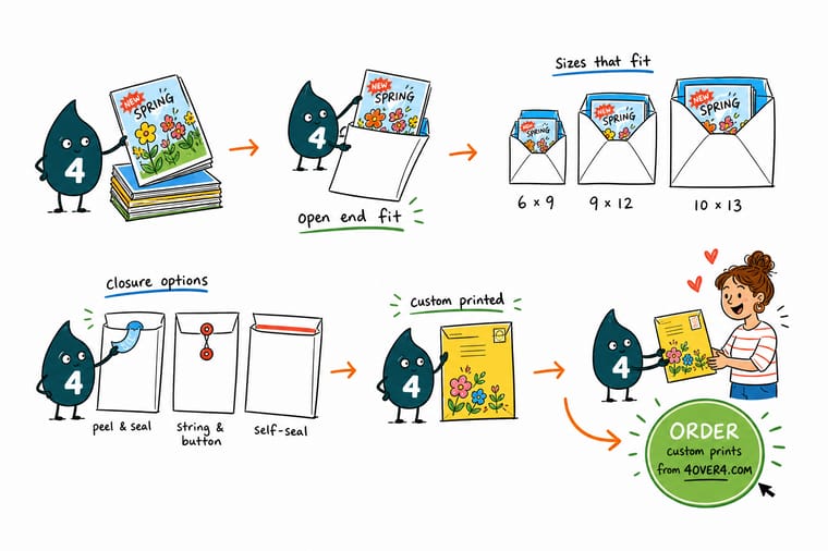 Wally, the 4OVER4 mascot with a 4, sliding a flat report into the short end of a 9 by 12 catalog envelope while a booklet envelope opens along its long side beside him
