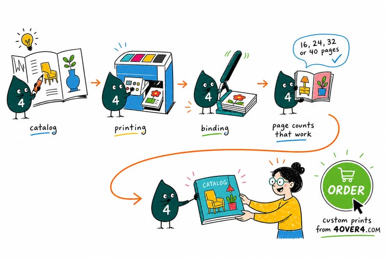 Wally, the 4OVER4 mascot with a 4, holding a stapled catalog in one hand and a thick glued spine catalog in the other while counting pages in fours