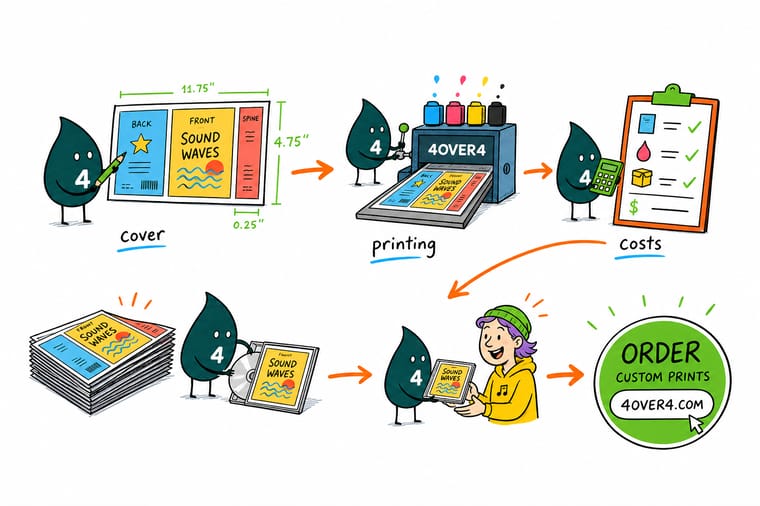 Wally, the 4OVER4 mascot with a 4, marking the width height and spine of a CD cover, printing the sheet, checking the cost, then sliding the finished jacket and disc into a case
