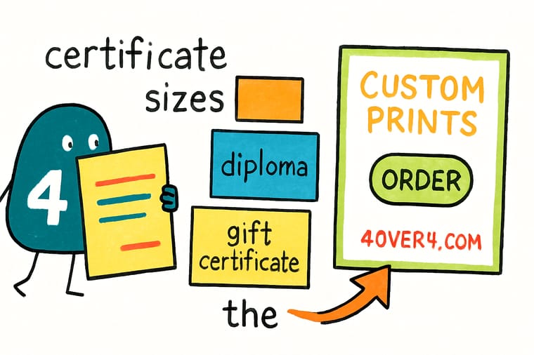 Wally, the 4OVER4 mascot with a 4, holding a ruler against a certificate and testing it against an 8 by 10 frame and a #10 envelope