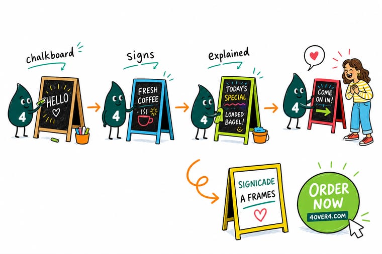 Wally, the 4OVER4 mascot holding a 4, setting up a double-sided chalkboard a-frame sign outside a storefront