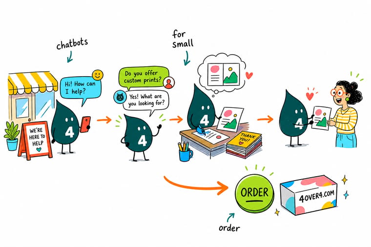 Wally, the 4OVER4 mascot with a 4, sorting incoming customer questions into a bot tray and a human tray beside a counter card with a scan code