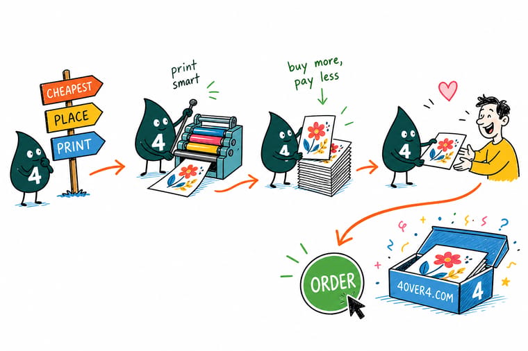 Wally, the 4OVER4 mascot with a 4, ganging several customers' cardstock jobs onto one big press sheet so they split the setup cost