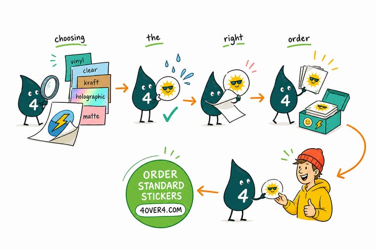 Wally, the 4OVER4 mascot with a 4, holding up sticker swatches in paper, vinyl, and foil to compare materials