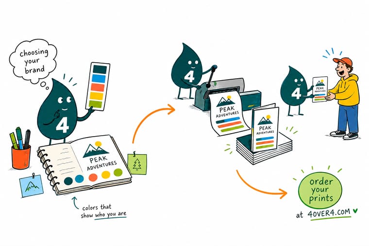 Wally from 4OVER4 choosing one hero brand color and repeating it across a business card, sticker, and flyer