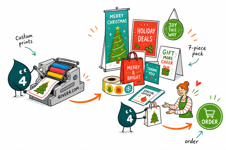 Wally, the 4OVER4 mascot holding a 4, arranging a Christmas window cling, banner, poster, postcard and gift certificate as one matching seasonal campaign