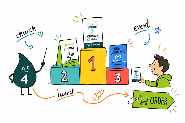 Wally, the 4OVER4 mascot holding a 4, laying out a church banner, door hanger, postcard, and program as one matching event set