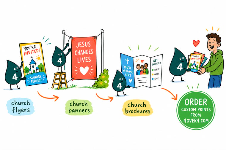 Wally, the 4OVER4 mascot with a 4, standing between a church banner on the fence, a stack of flyers in his hand, and an open tri-fold brochure