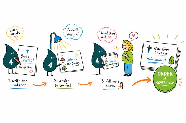Wally, the 4OVER4 mascot, holding a church invite card and pointing to the service time printed in bold on the front