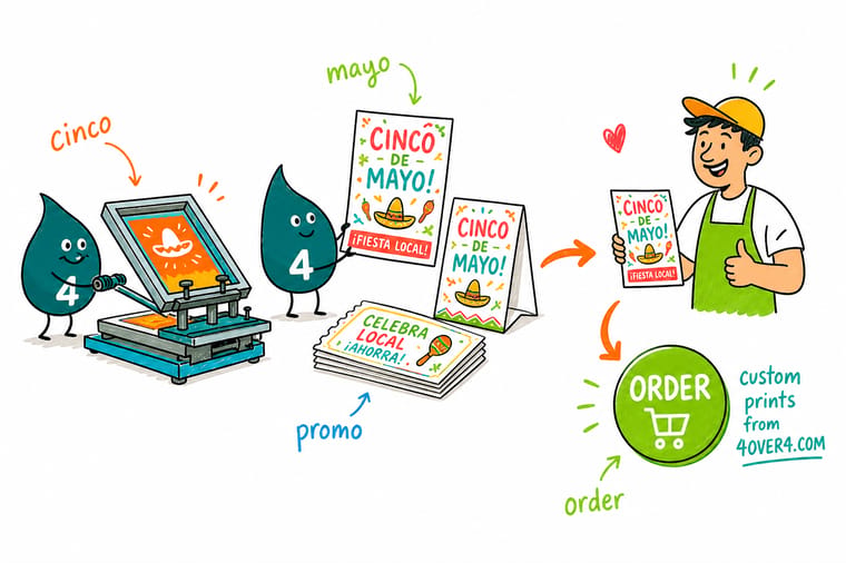 Wally, the 4OVER4 mascot, standing beside a Cinco de Mayo storefront banner while handing a clear plastic loyalty card to a passing customer