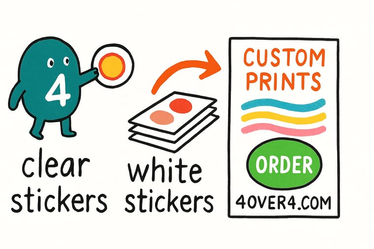 Wally, the 4OVER4 mascot with a 4, holding a clear sticker up against a kraft box and a white sticker beside it to show the color difference