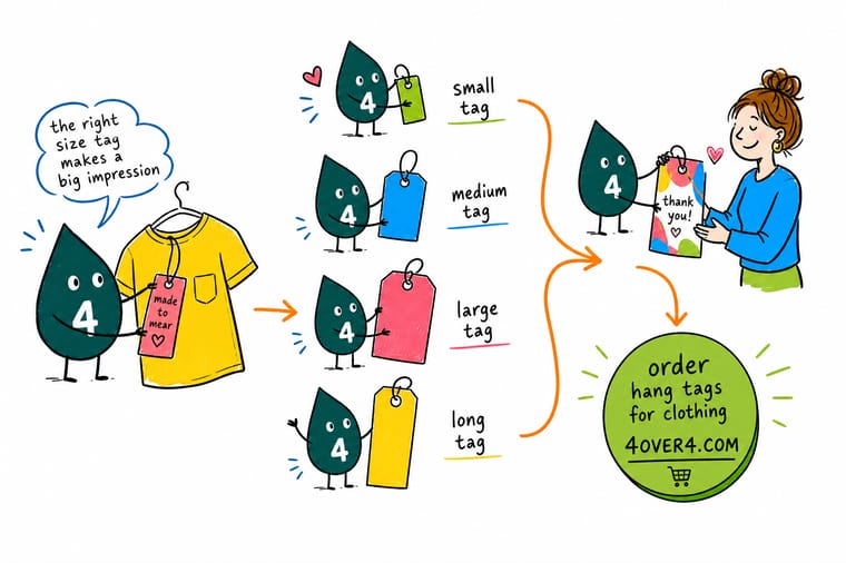 Wally, the 4OVER4 mascot holding a 4, matching hang tag sizes to different garments and punching the string hole