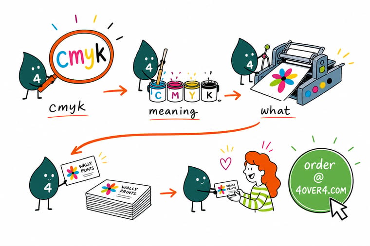 What CMYK Means And Why Print Uses It Instead Of RGB explained by Wally, the 4OVER4 mascot holding a 4