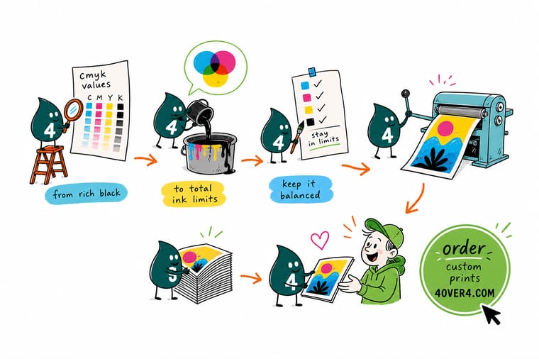 Wally, the 4OVER4 mascot with a 4, stacking cyan, magenta, yellow and black ink layers into one black square and weighing the total on a scale marked 300 percent
