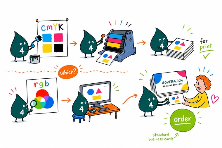 Wally, the 4OVER4 mascot with a 4, holding a CMYK swatch beside an RGB screen to show why print color differs from screen color