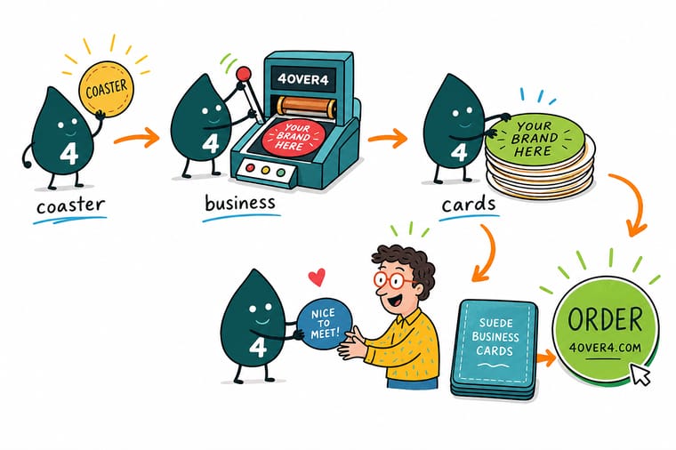 Wally, the 4OVER4 mascot with a 4, setting a coffee cup on a coaster-sized business card so the brand stays in view