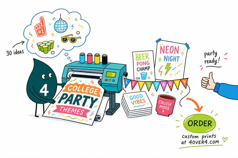 Wally from 4OVER4 hanging a printed party sign and photo backdrop for a themed college party
