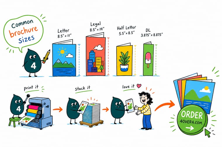 Wally, the 4OVER4 mascot with a 4, measuring and folding a brochure to the right size