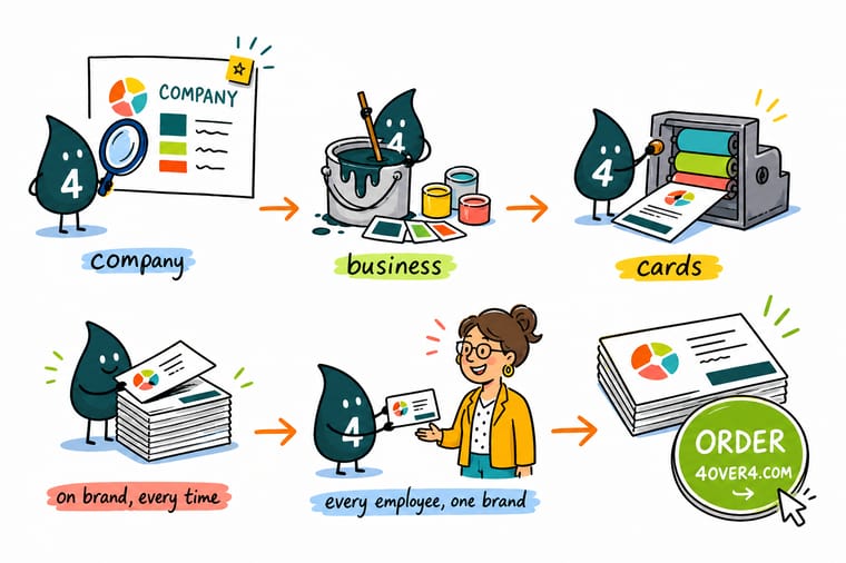 Wally, the 4OVER4 mascot holding a 4, feeding one master card template into a fanned-out row of matching employee cards, all sharing the same logo and colors