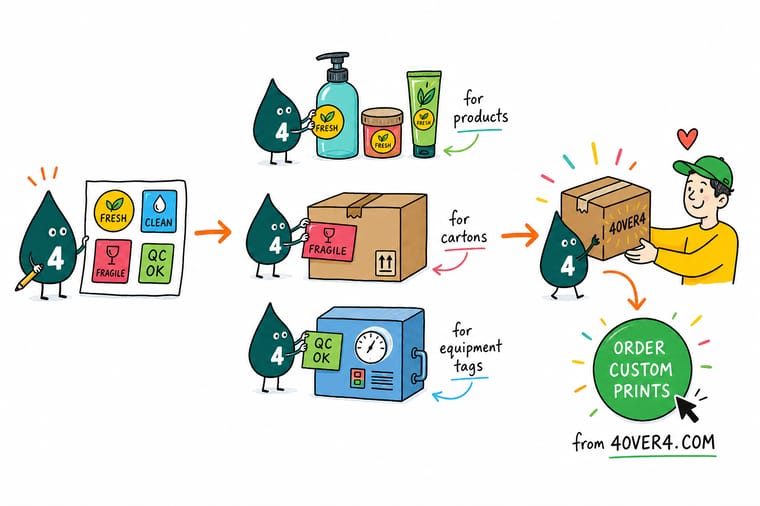 Wally, the 4OVER4 mascot with a 4, holding three labels up against a jar, a shipping carton and a machine housing to match each one to its surface