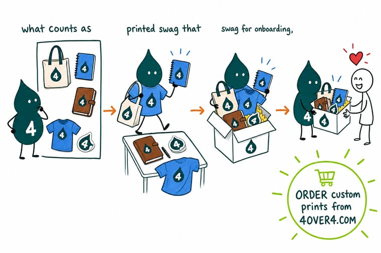 Wally, the 4OVER4 mascot with a 4, sorting branded swag into a keep pile of tote bags, notebooks, stickers and T-shirts and a drawer pile of throwaways