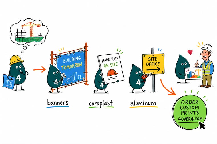 Wally, the 4OVER4 mascot with a 4, in a hard hat tying a mesh banner to a site fence, planting a coroplast sign on an H stake and bolting an aluminum sign to the gate post