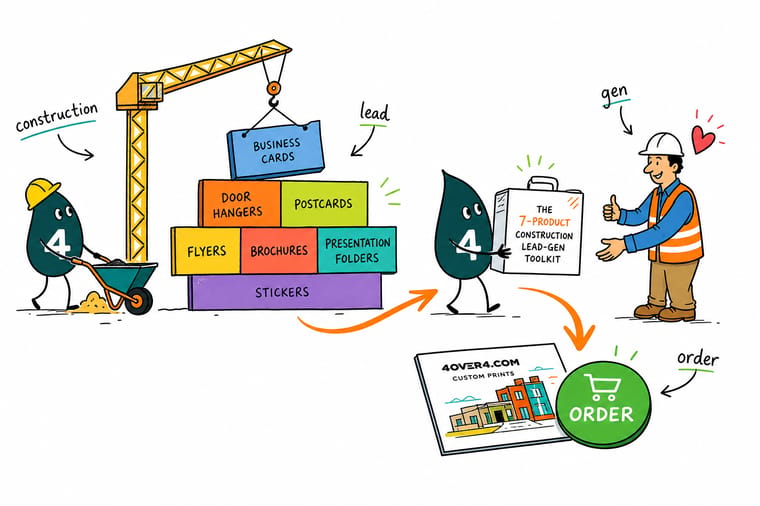 Wally, the 4OVER4 mascot holding a 4, staking a contractor's yard sign at a job site beside a magnetted pickup, holding a carbonless estimate form and rugged business cards