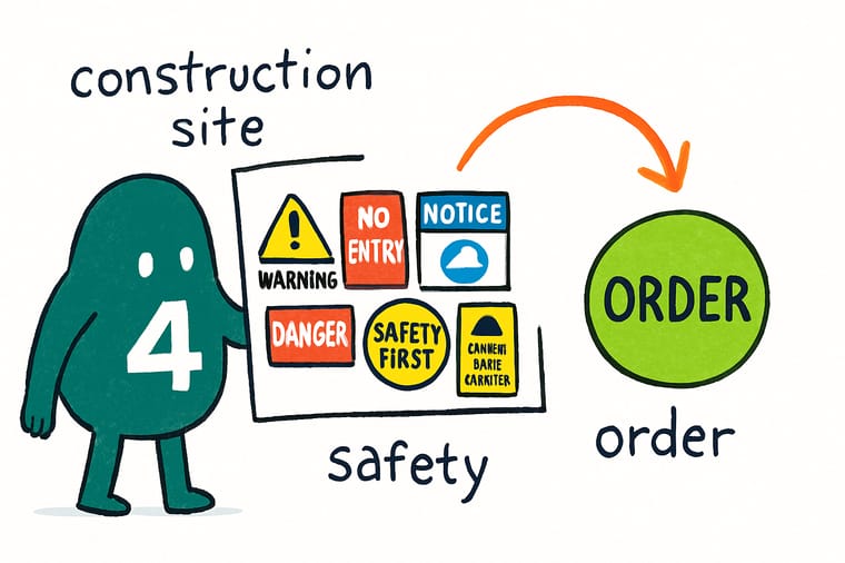 Wally, the 4OVER4 mascot in a hard hat, walking from a fence banner to a gate rules board to a hazard panel to a staked yard sign to show the six-piece construction site safety sign pack