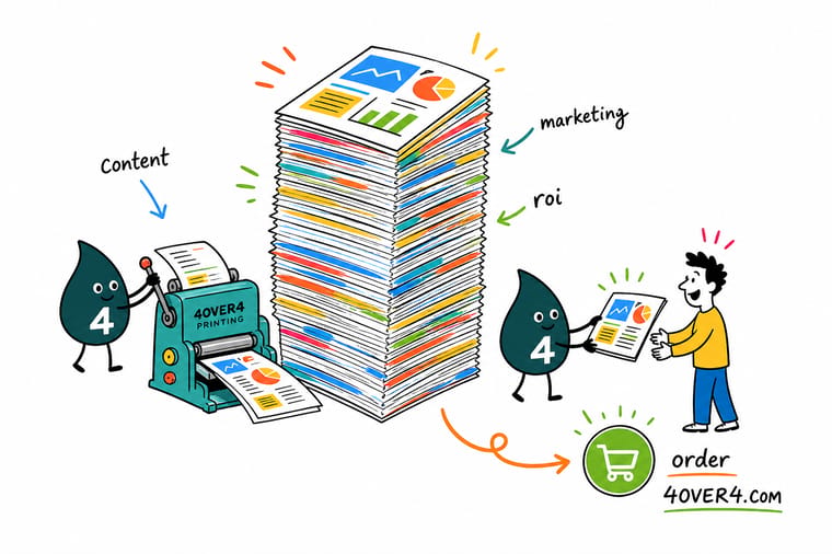 Wally the 4OVER4 mascot turning a content marketing chart into a freshly printed brochure