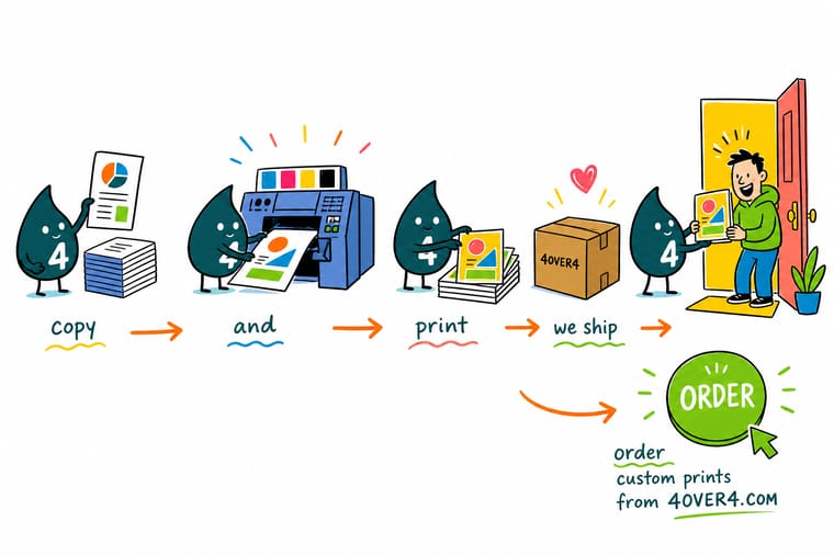 Wally, the 4OVER4 mascot with a 4, uploading a document from a laptop while a press behind him turns it into stacks of flyers, booklets and letterheads in a shipping box