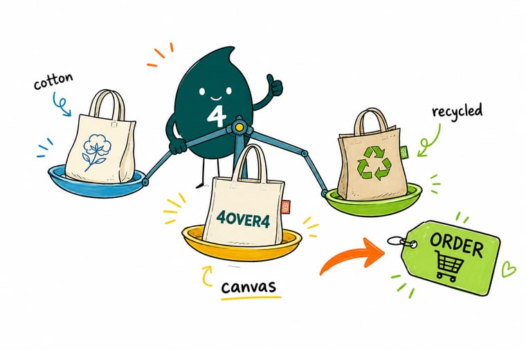Wally, the 4OVER4 mascot holding a 4, weighing a structured canvas tote, a soft cotton tote, and a recycled tote to show all three are the right call for different jobs