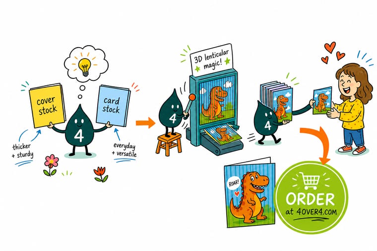 Wally, the 4OVER4 mascot holding a 4, weighing a sheet of cover stock against a stack of cardstock to show they are the same paper measured two ways