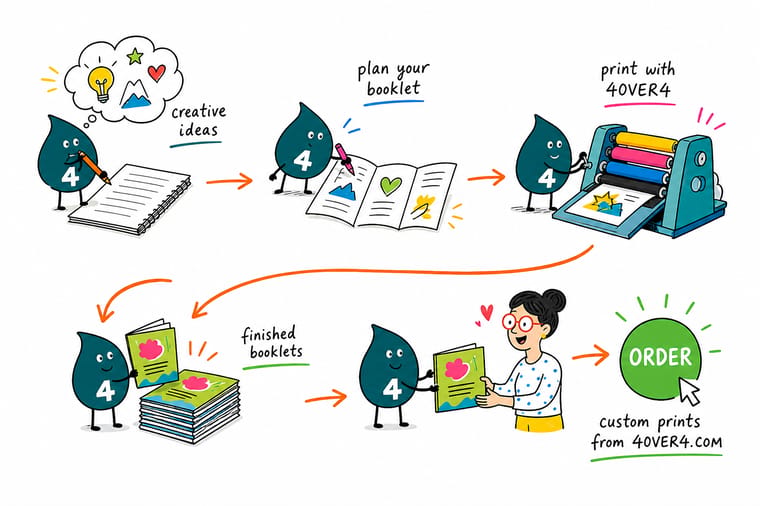 Wally, the 4OVER4 mascot with a 4, laying content blocks onto facing pages and counting spreads up to a multiple of four