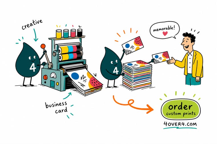 Wally from 4OVER4 holding up a die-cut card, a raised foil card and a kraft card to show the three levers of a creative business card