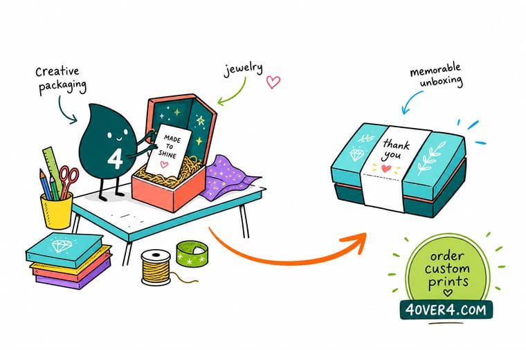 Wally from 4OVER4 assembling a jewelry packaging set with a printed box, sleeve, tissue and hang tag