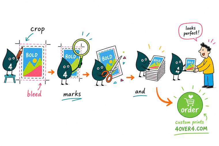 Wally, the 4OVER4 mascot holding a 4, drawing bleed, trim, and safe lines with crop marks on a print file