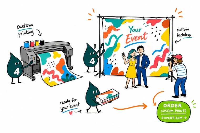 Wally from 4OVER4 setting up a branded step-and-repeat backdrop so every guest photo carries the logo into their feed