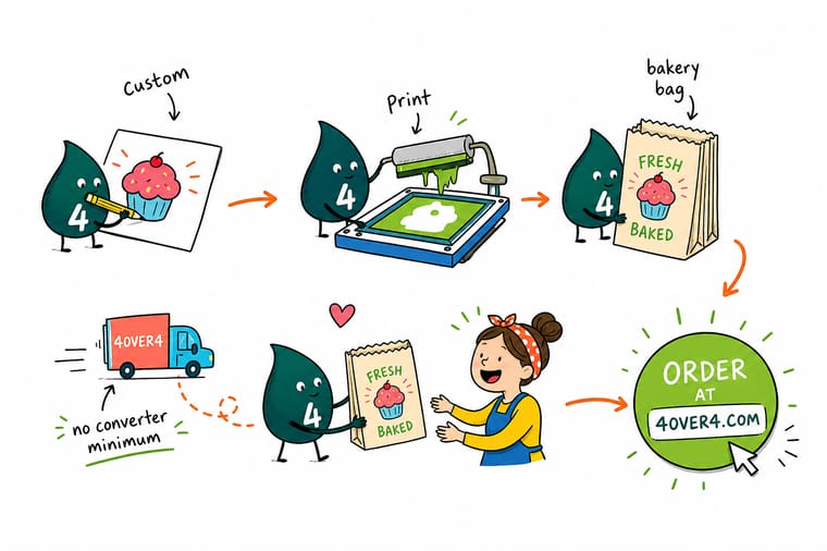 Wally, the 4OVER4 mascot with a 4, pressing a round printed label onto the flat middle panel of a kraft bakery bag, away from the side creases