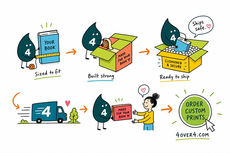 Wally, the 4OVER4 mascot with a 4, measuring a stack of books with a ruler and folding a mailer box around them so nothing moves