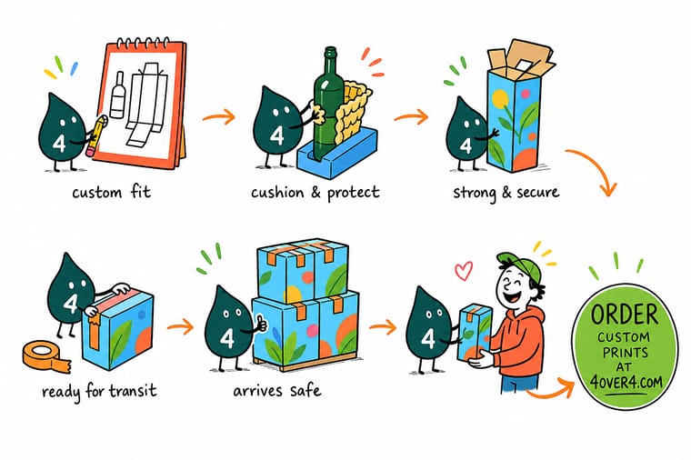 Wally, the 4OVER4 mascot with a 4, sliding a slotted corrugated divider into a printed bottle box before setting a wine bottle into its cell